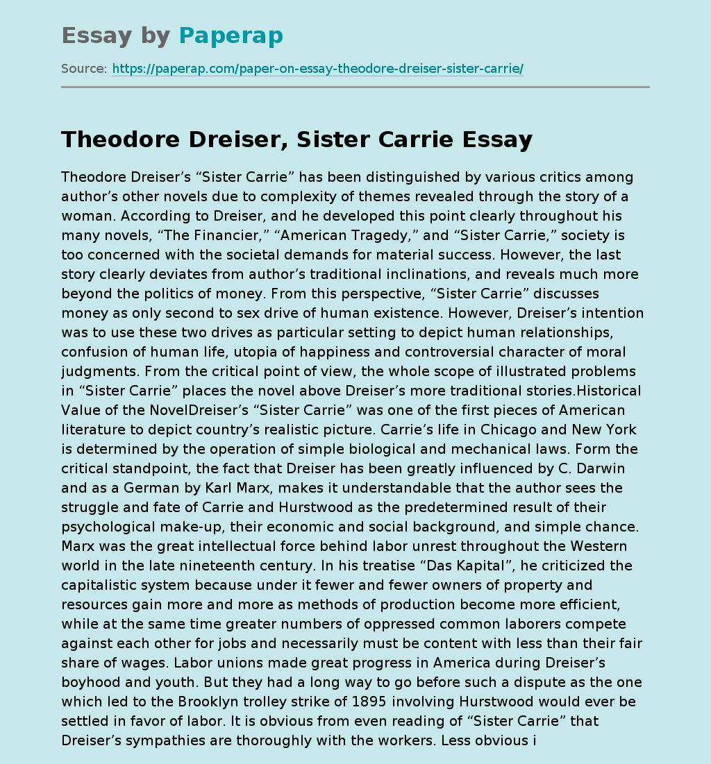 Theodore Dreiser, Sister Carrie