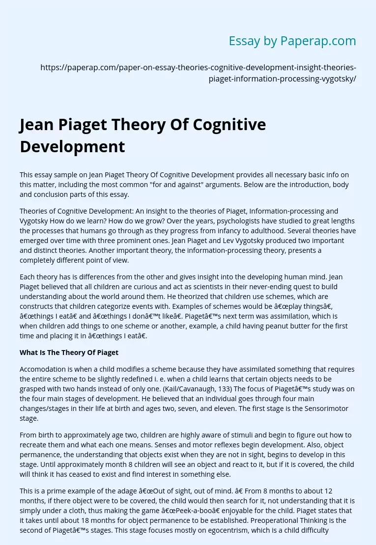 Jean Piaget Theory Of Cognitive Development