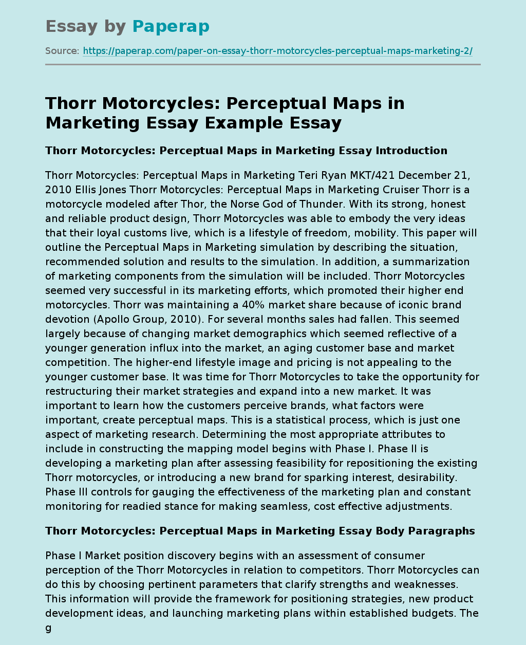 Thorr Motorcycles: Perceptual Maps in Marketing Essay Example