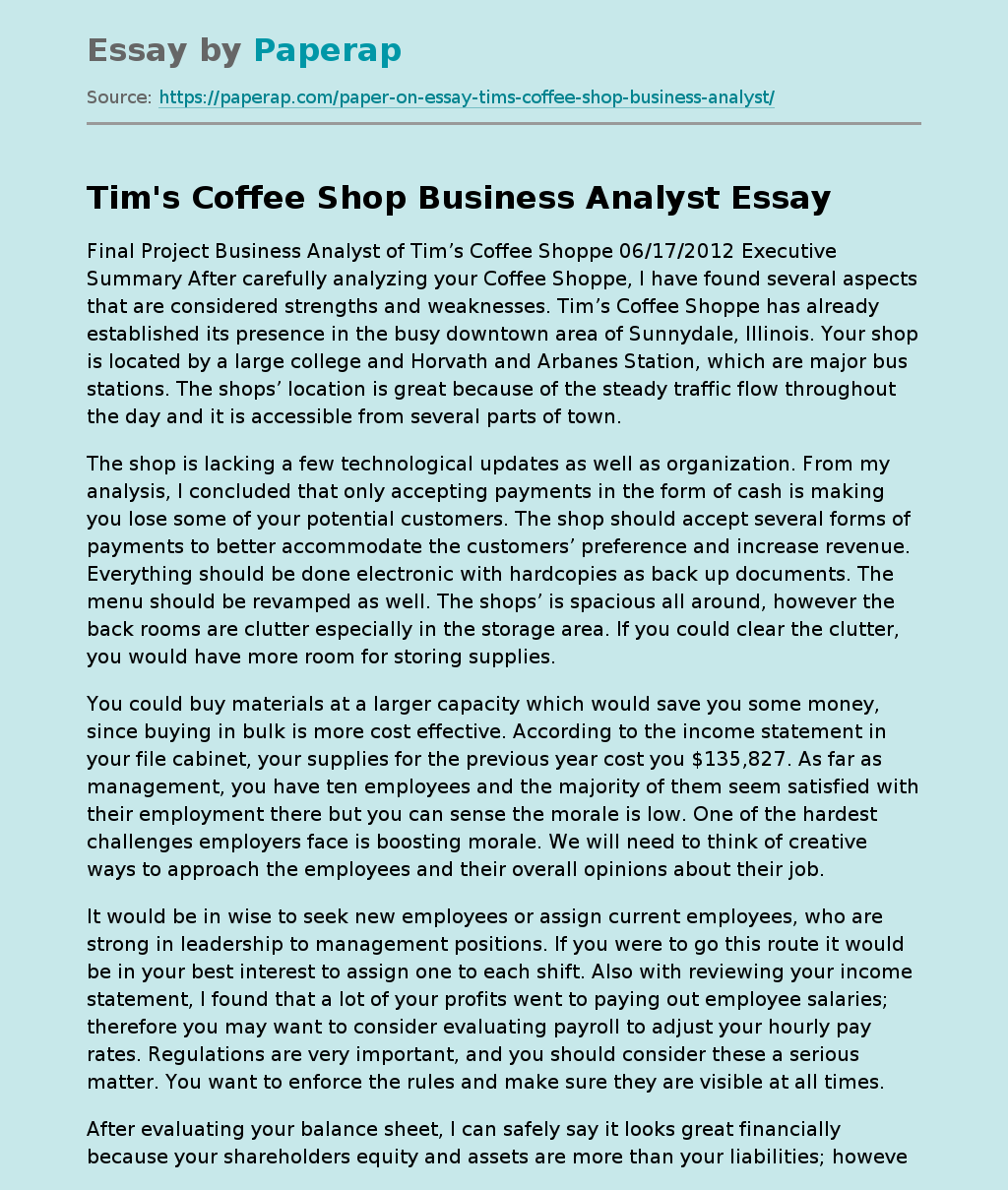 Final Project Business Analyst of Tim’s Coffee Shoppe