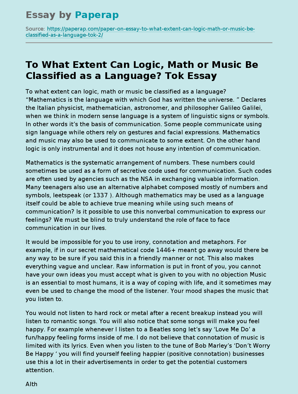 To What Extent Can Logic, Math or Music Be Classified as a Language? Tok