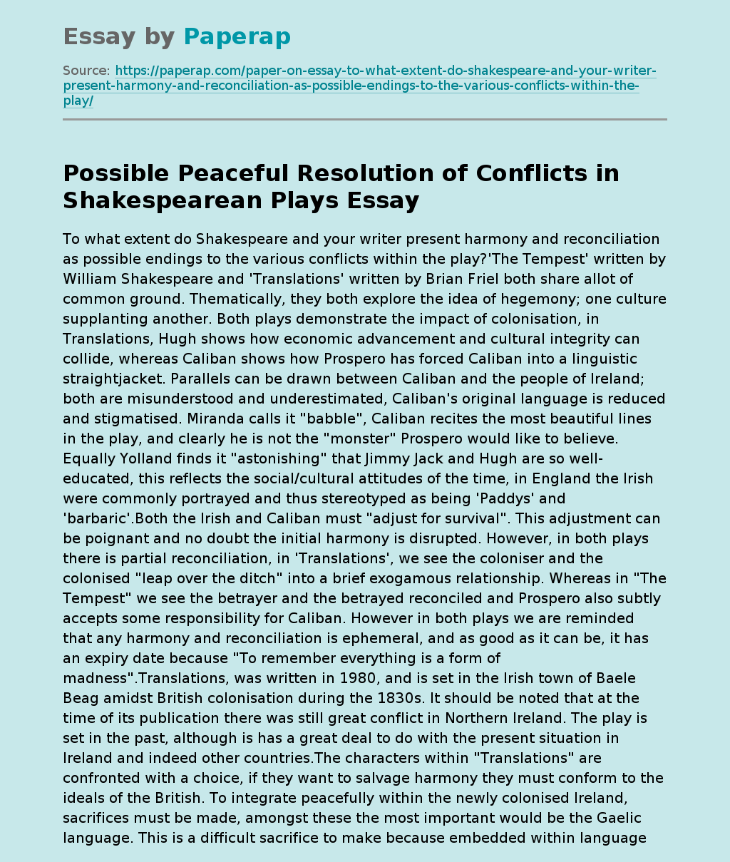 Possible Peaceful Resolution of Conflicts in Shakespearean Plays