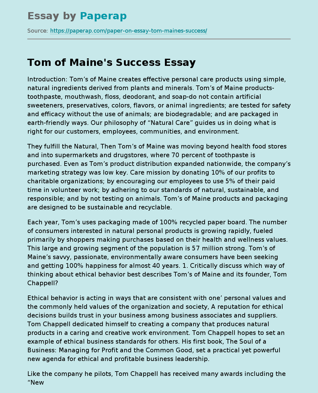 Tom of Maine's Success