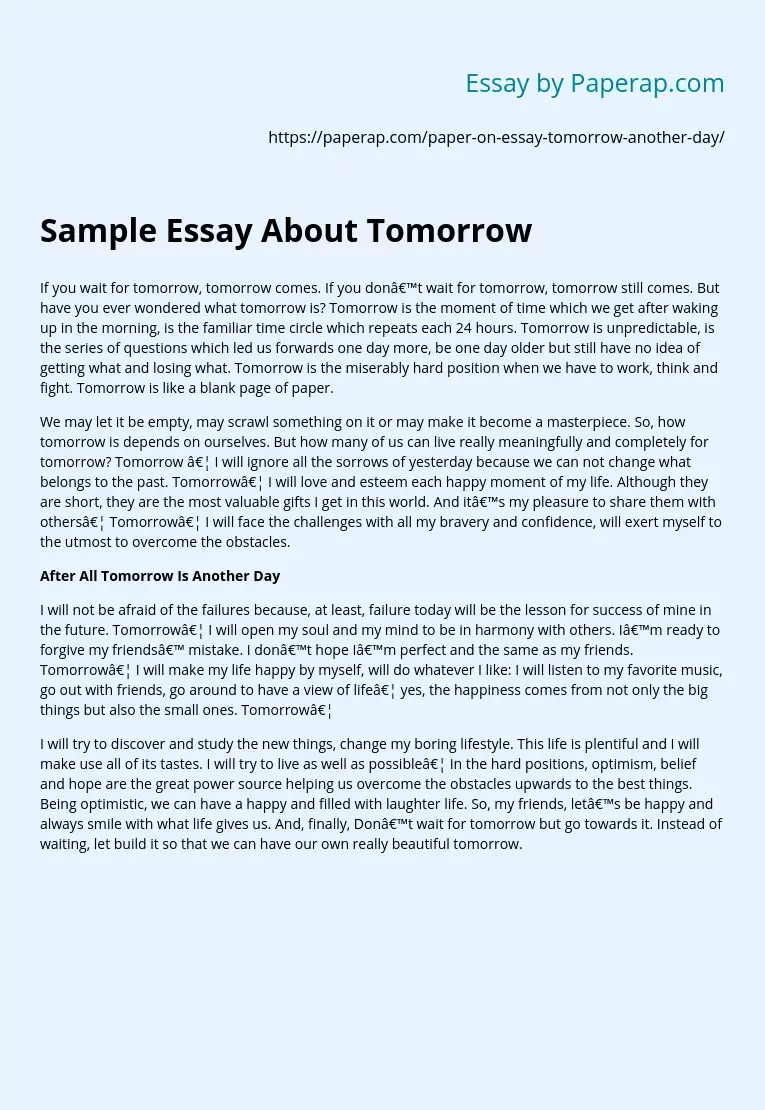 Sample Essay About Tomorrow