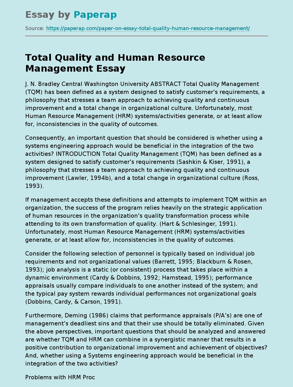 Total Quality and Human Resource Management