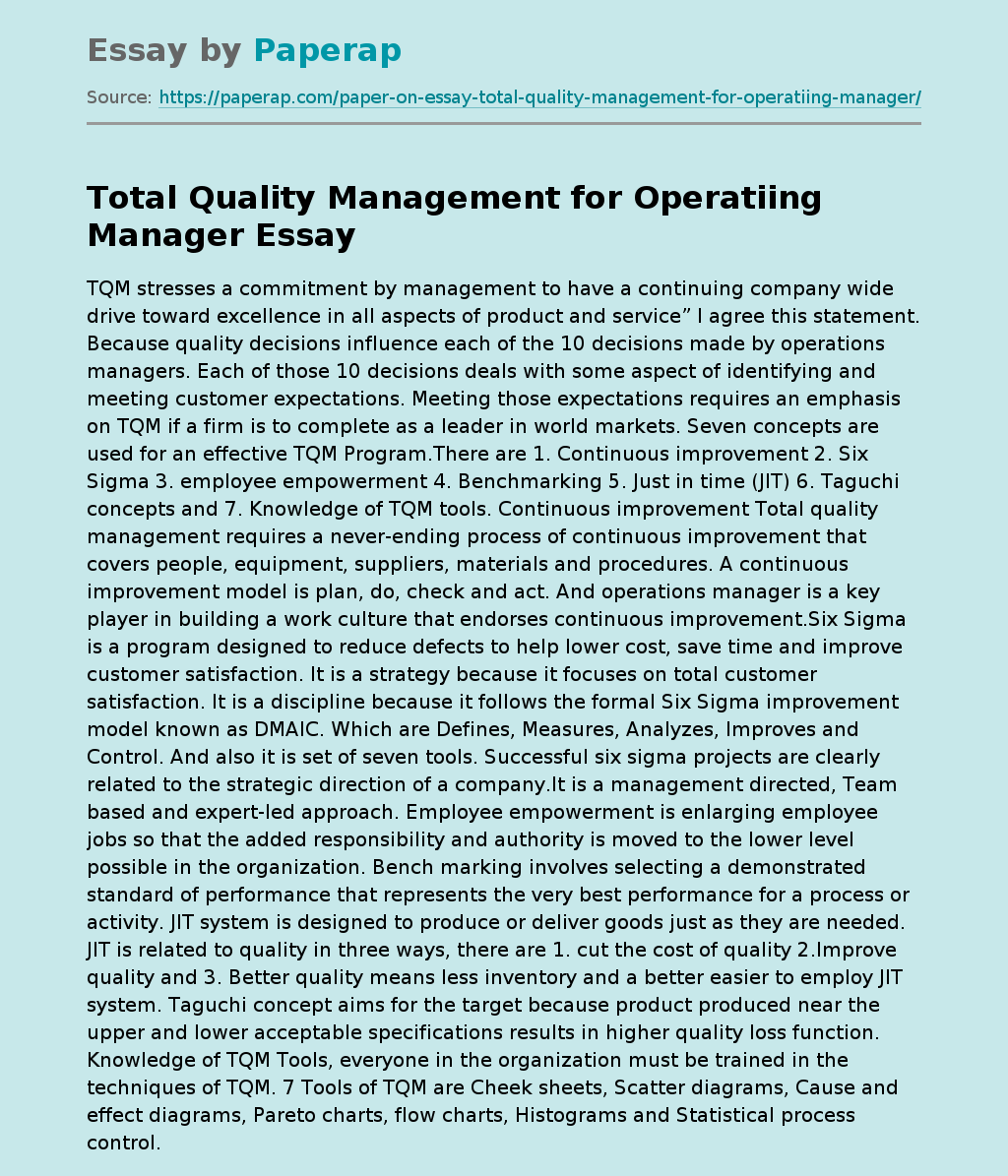 Total Quality Management for Operatiing Manager