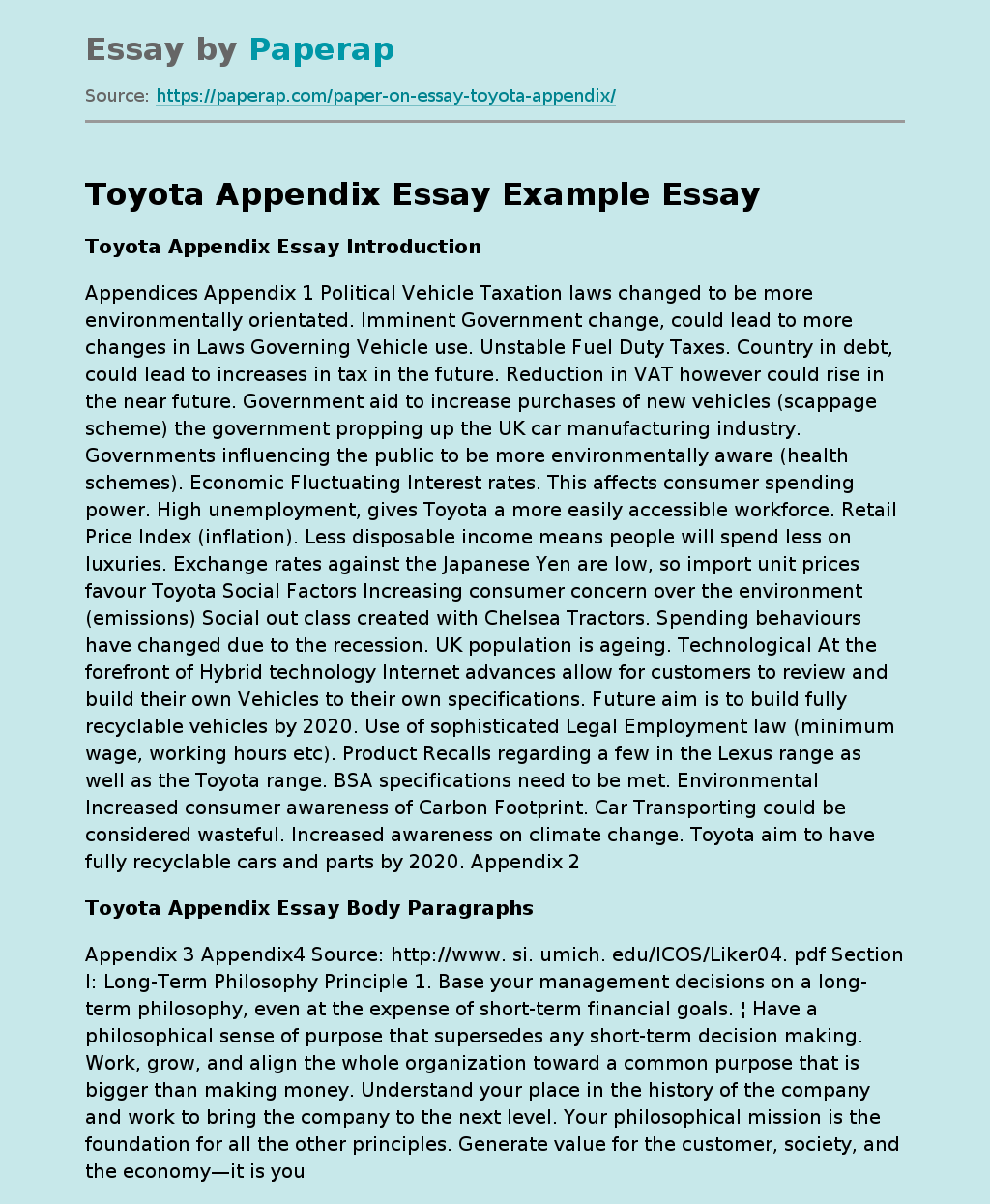 Toyota Appendix Essay Example
