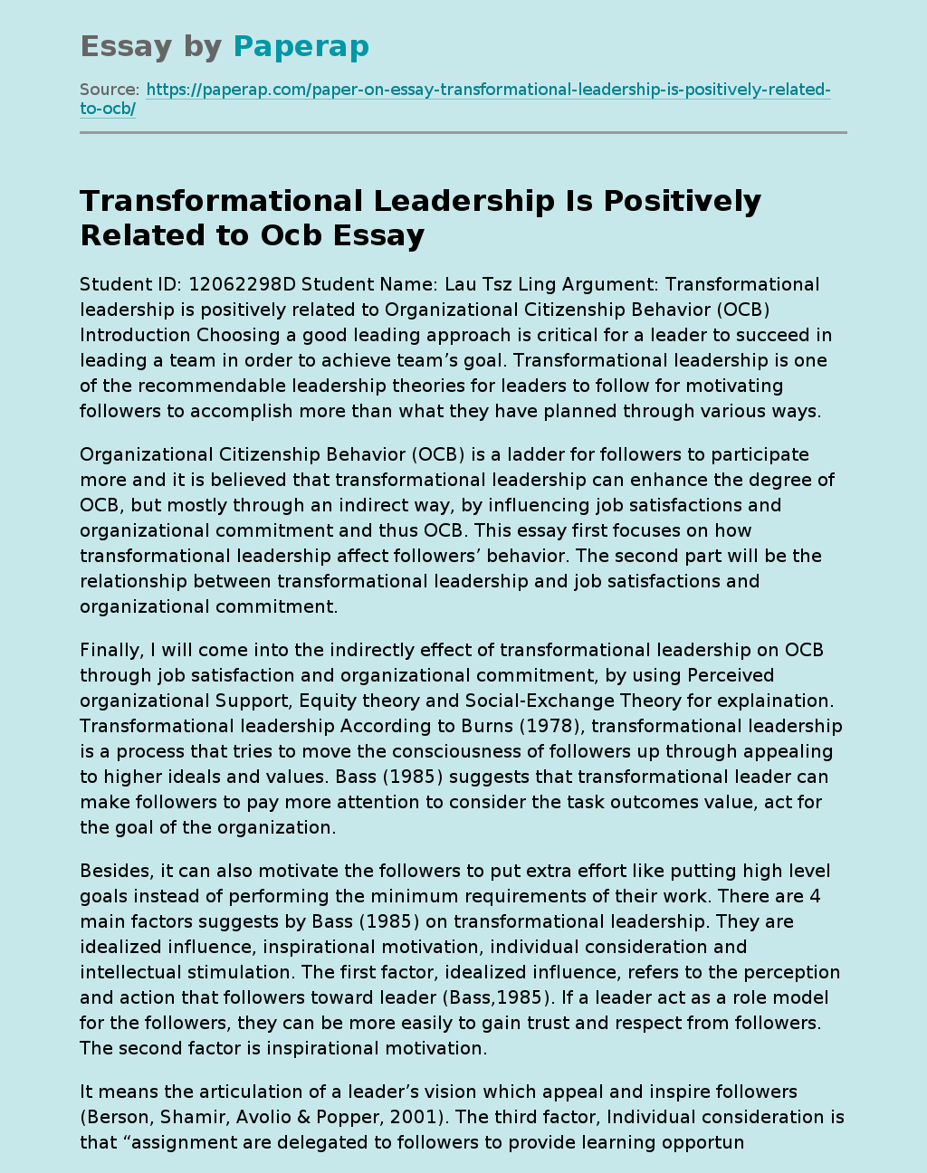 Transformational Leadership Is Positively Related to Ocb