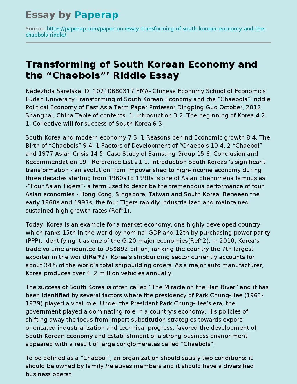 Transforming of South Korean Economy and the “Chaebols”’ Riddle