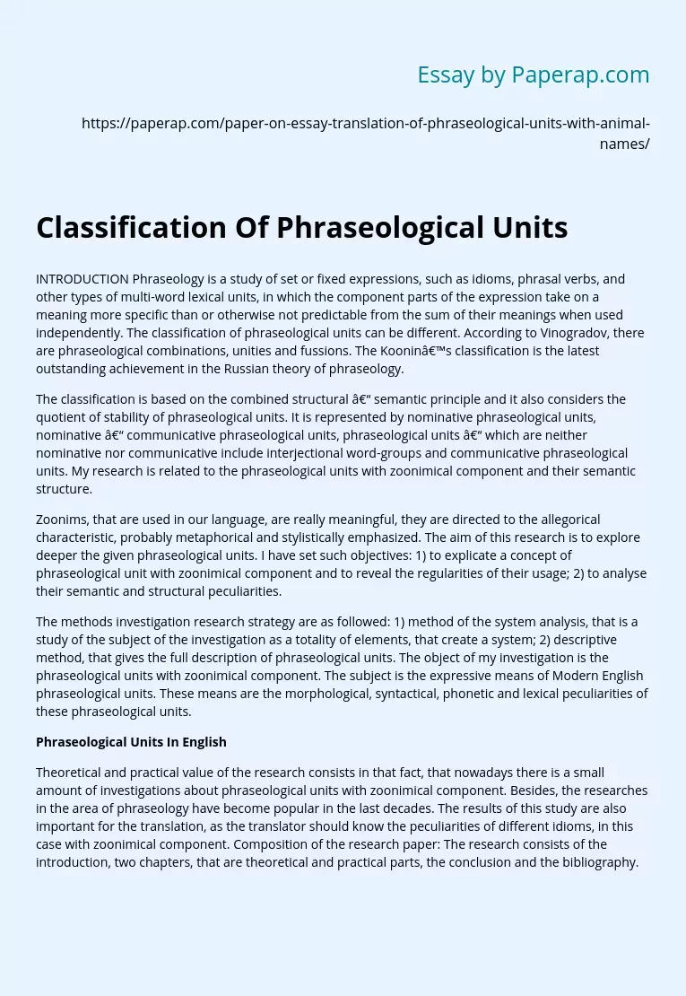 Classification Of Phraseological Units