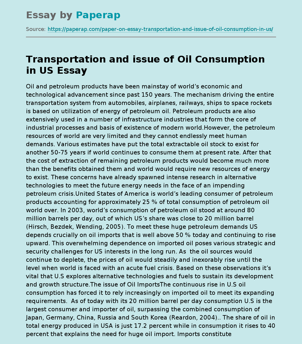 Transportation and issue of Oil Consumption in US
