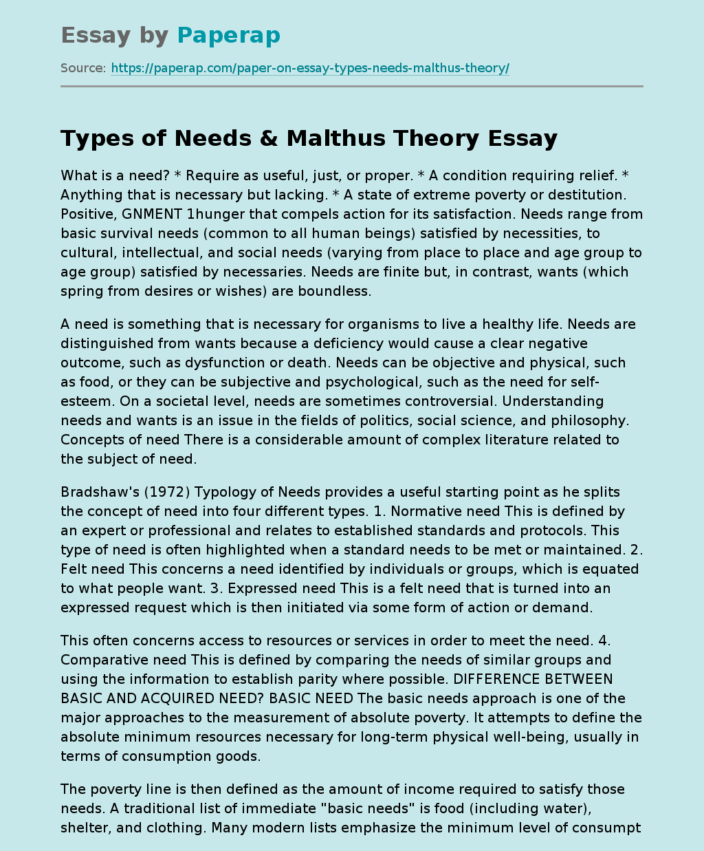 Types of Needs &#038; Malthus Theory