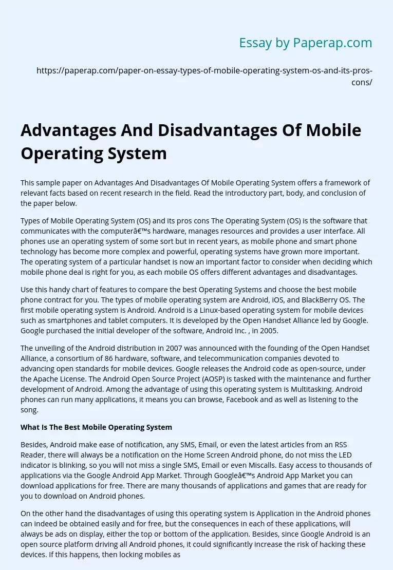 Advantages And Disadvantages Of Mobile Operating System
