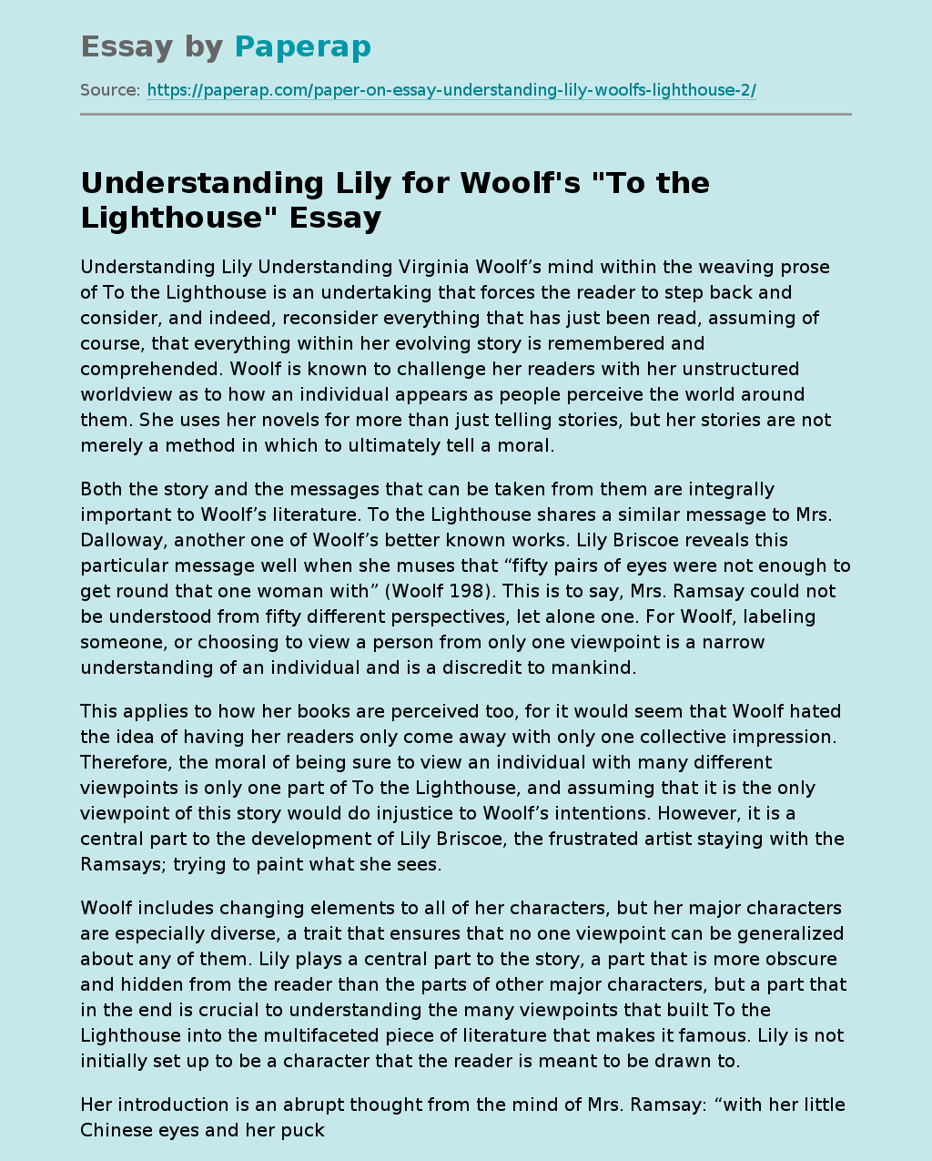 Understanding Lily for Woolf&#039;s &quot;To the Lighthouse&quot;