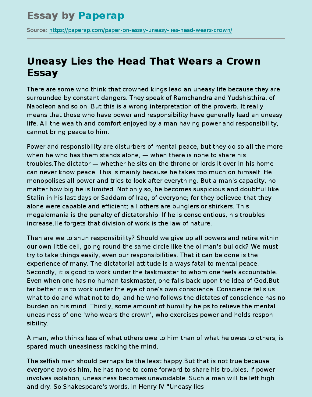 write a narrative essay on uneasy lies the head that wears the crown