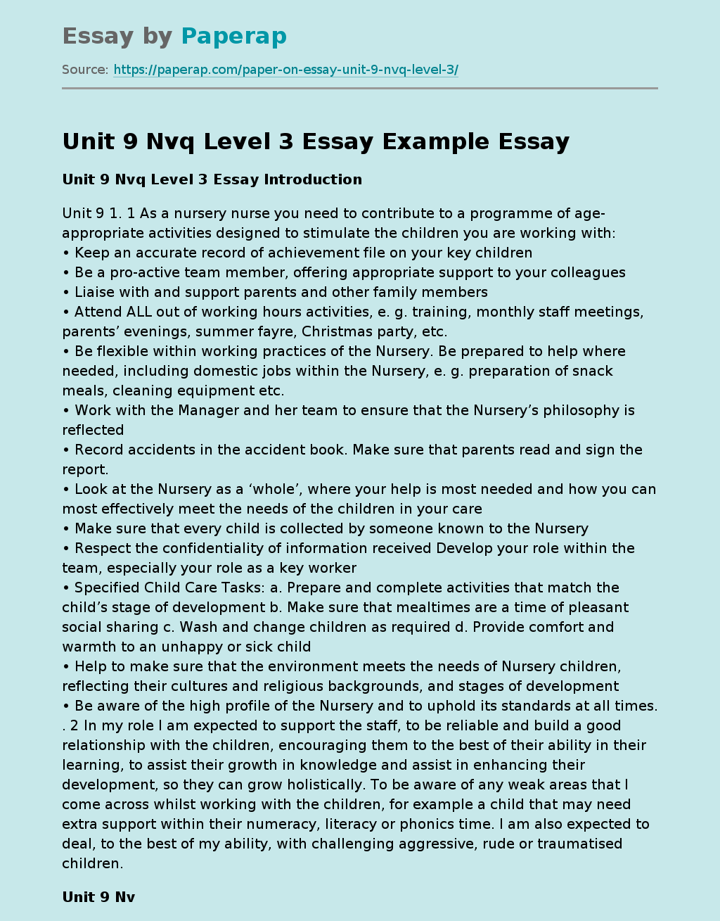 Unit 9 Nvq Level 3 Essay Example