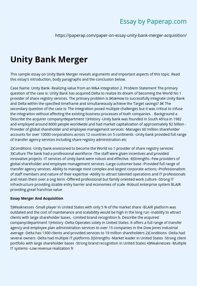 Unity Bank Merger
