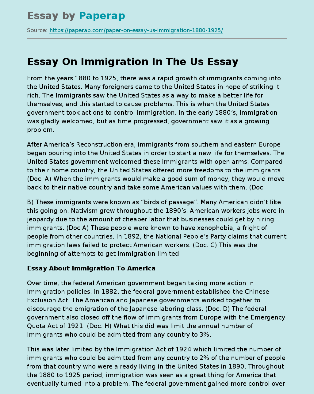 Essay On Immigration In The Us