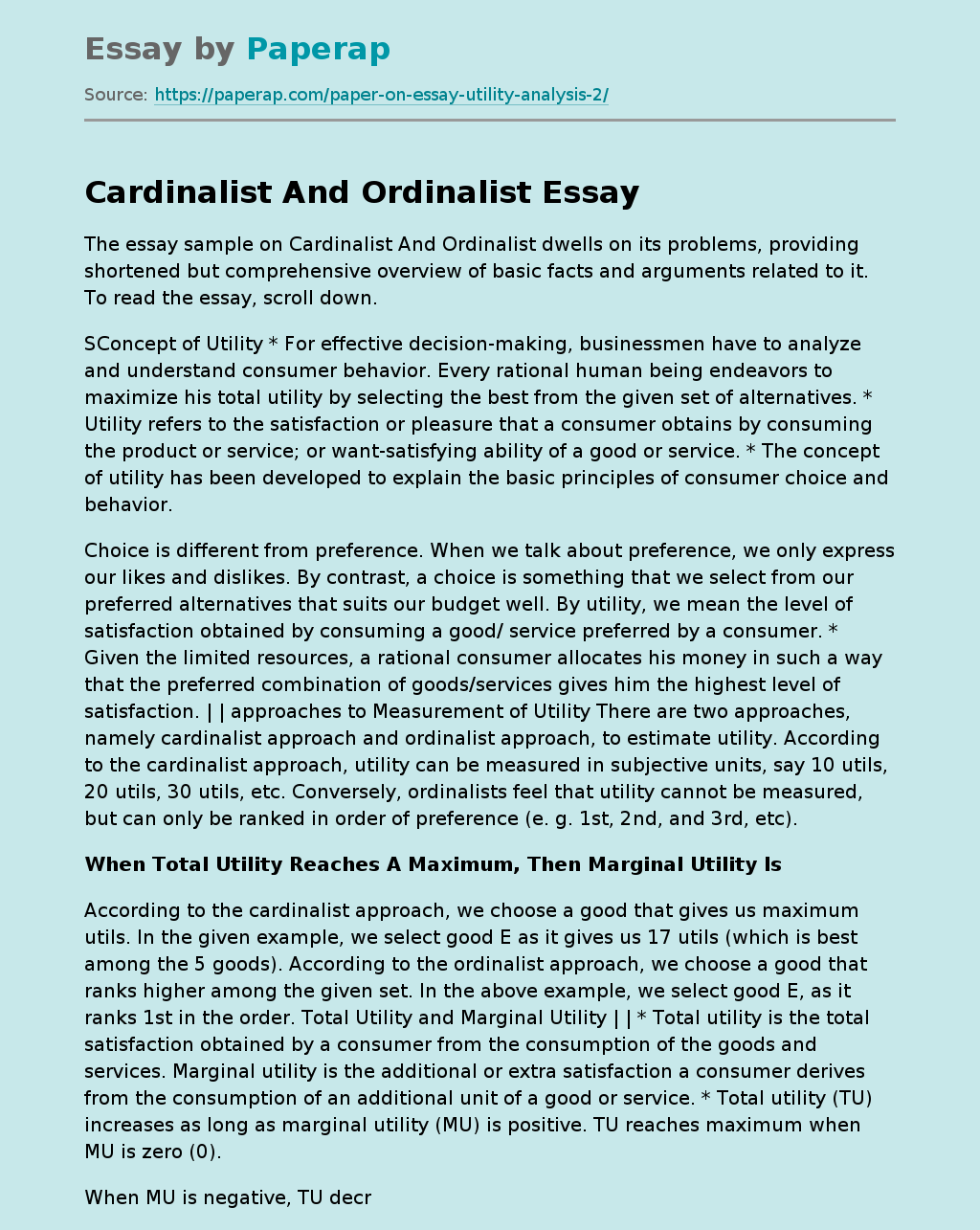 Essay Sample on Cardinalist and Ordinalist