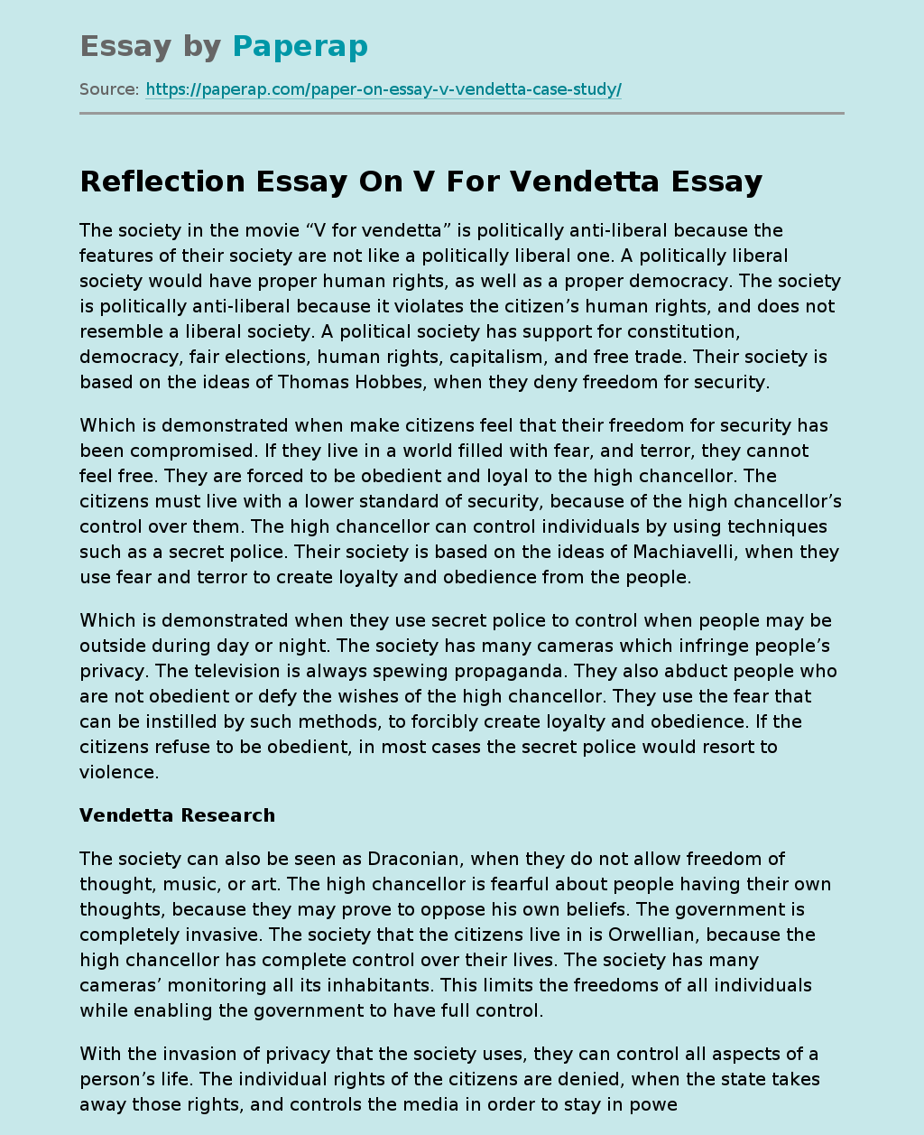 Reflection Essay On V For Vendetta