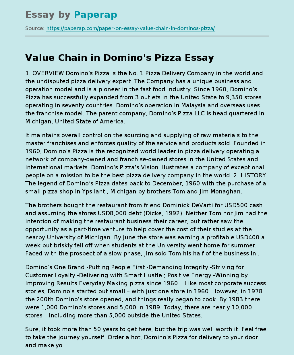 Value Chain in Domino&#039;s Pizza