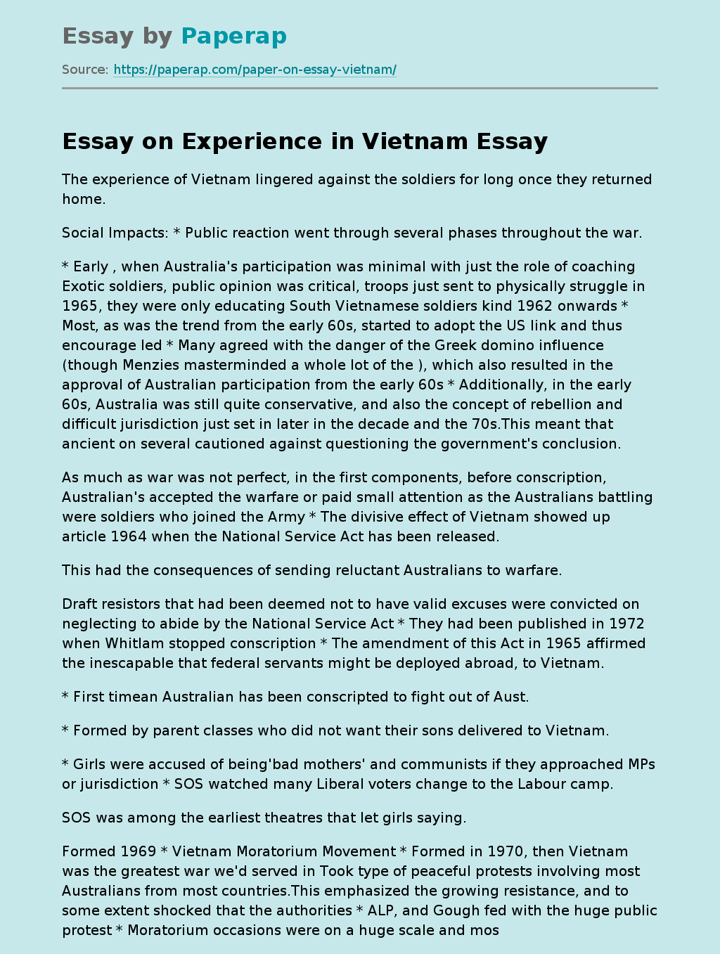 Essay on Experience in Vietnam
