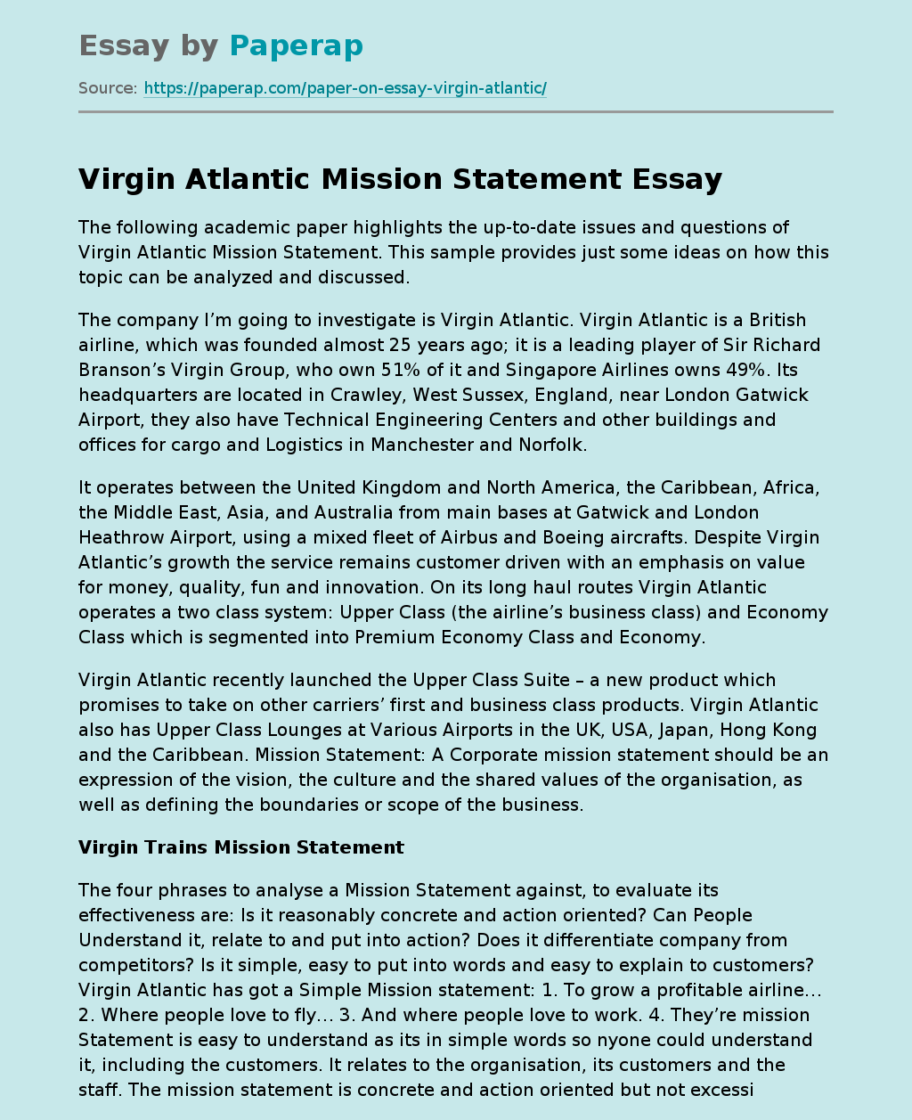 Virgin Atlantic Mission Statement
