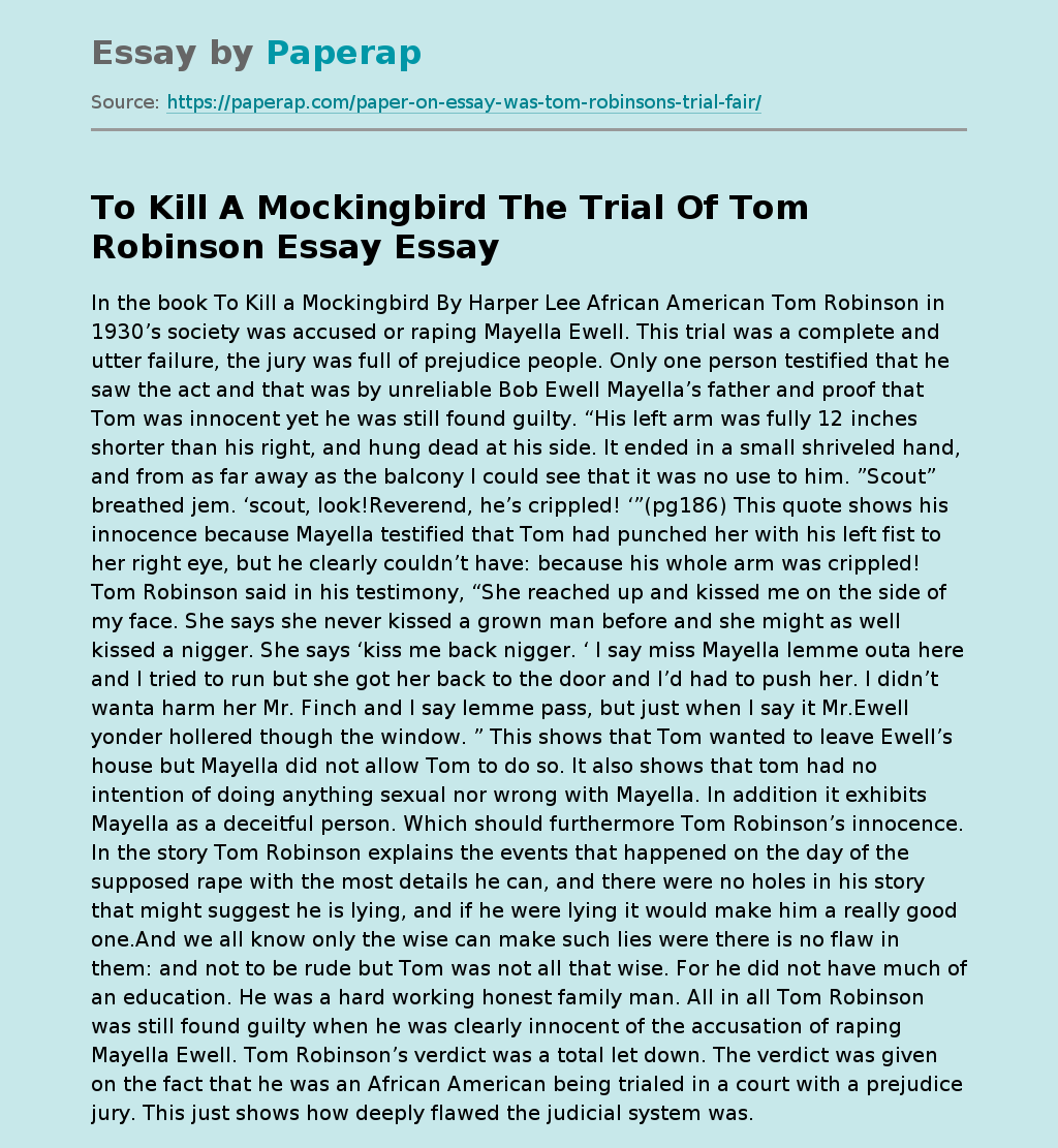 To Kill A Mockingbird The Trial Of Tom Robinson Essay