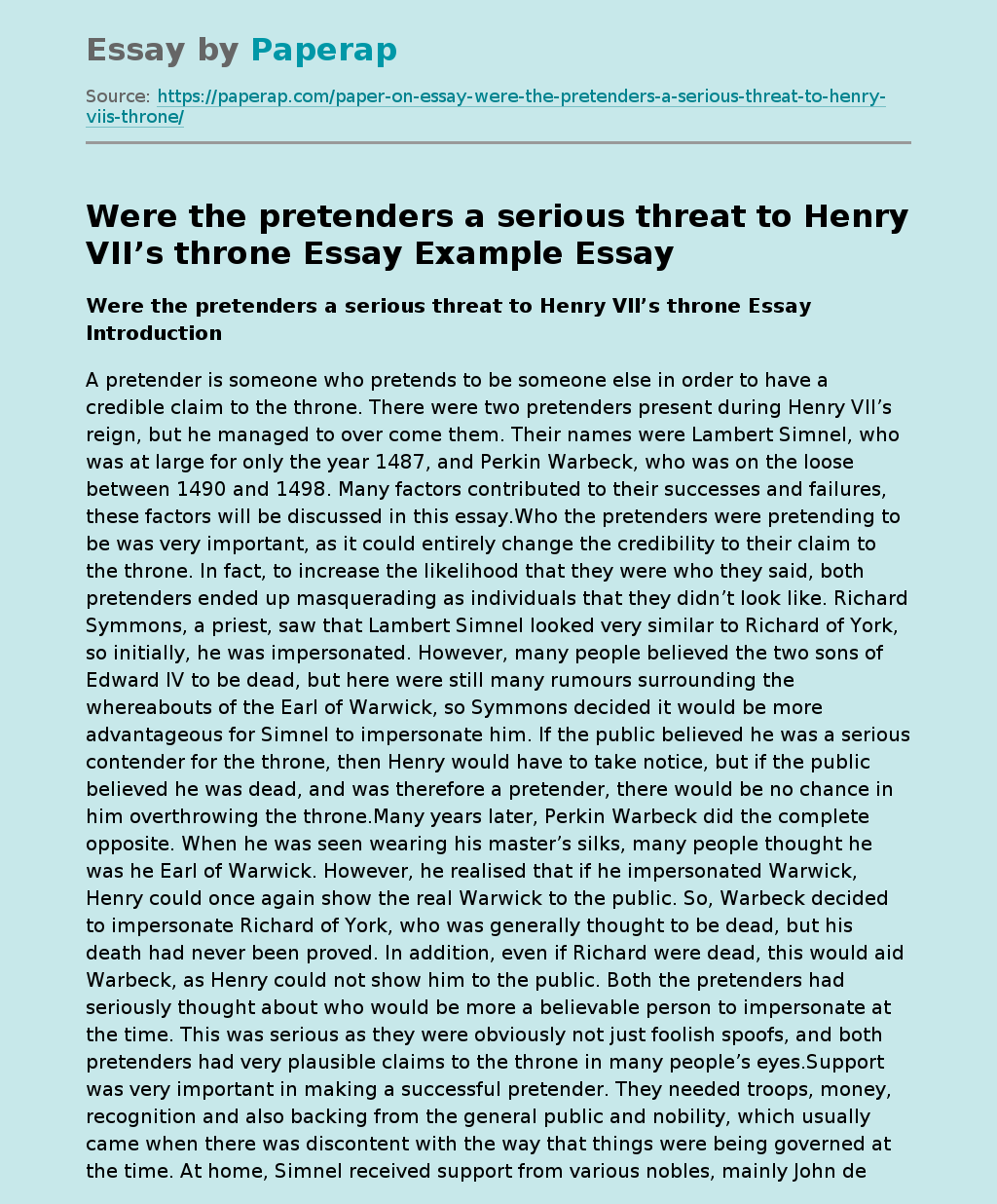 Were the Pretenders a Serious threat to Henry VII’s Throne Essay Example