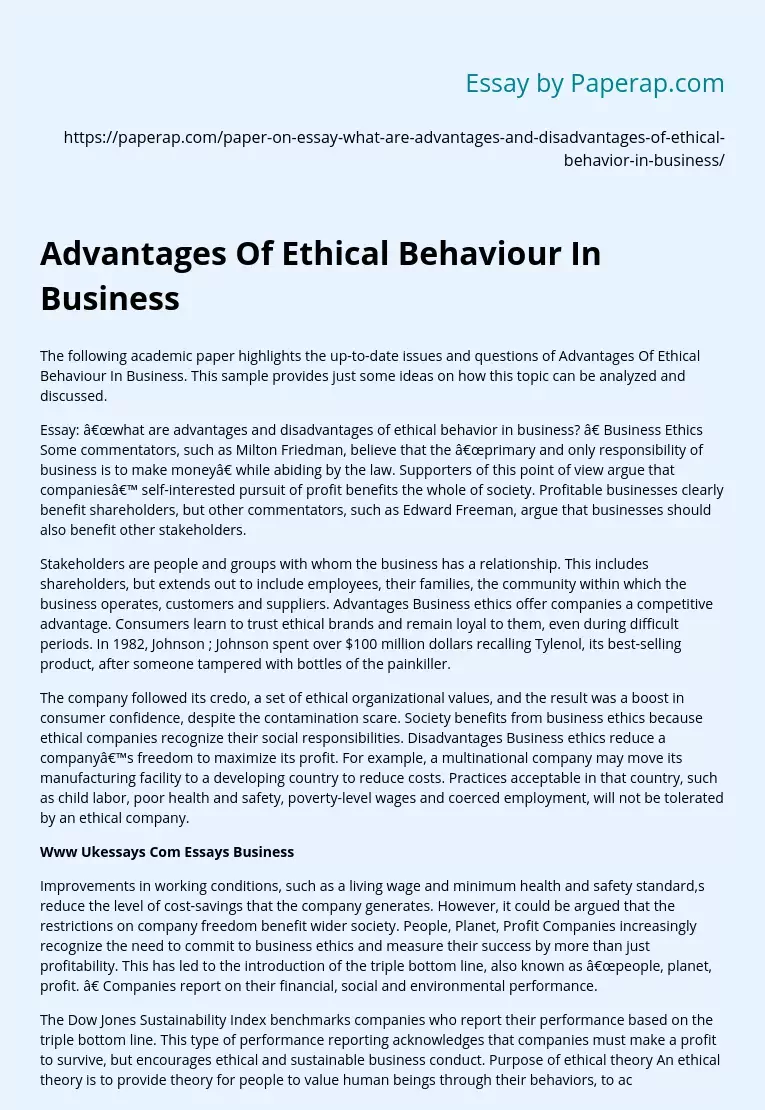 Advantages Of Ethical Behaviour In Business