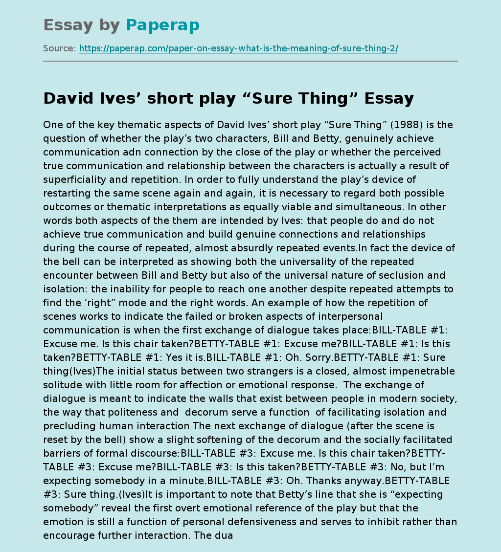 David Ives’ short play “Sure Thing”