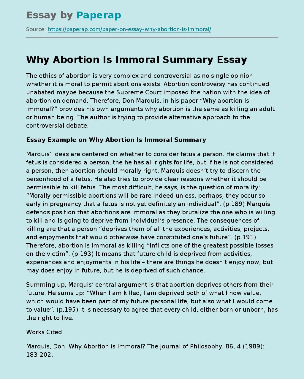 Why Abortion Is Immoral Summary