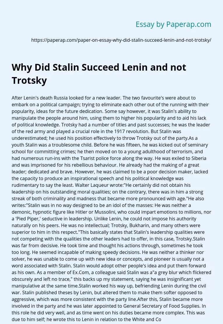 Why Did Stalin Succeed Lenin and not Trotsky