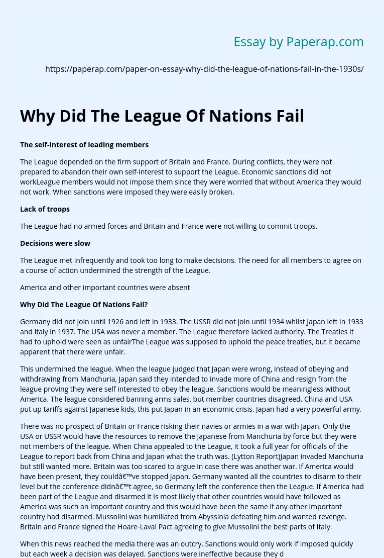 why did the league of nations fail essay