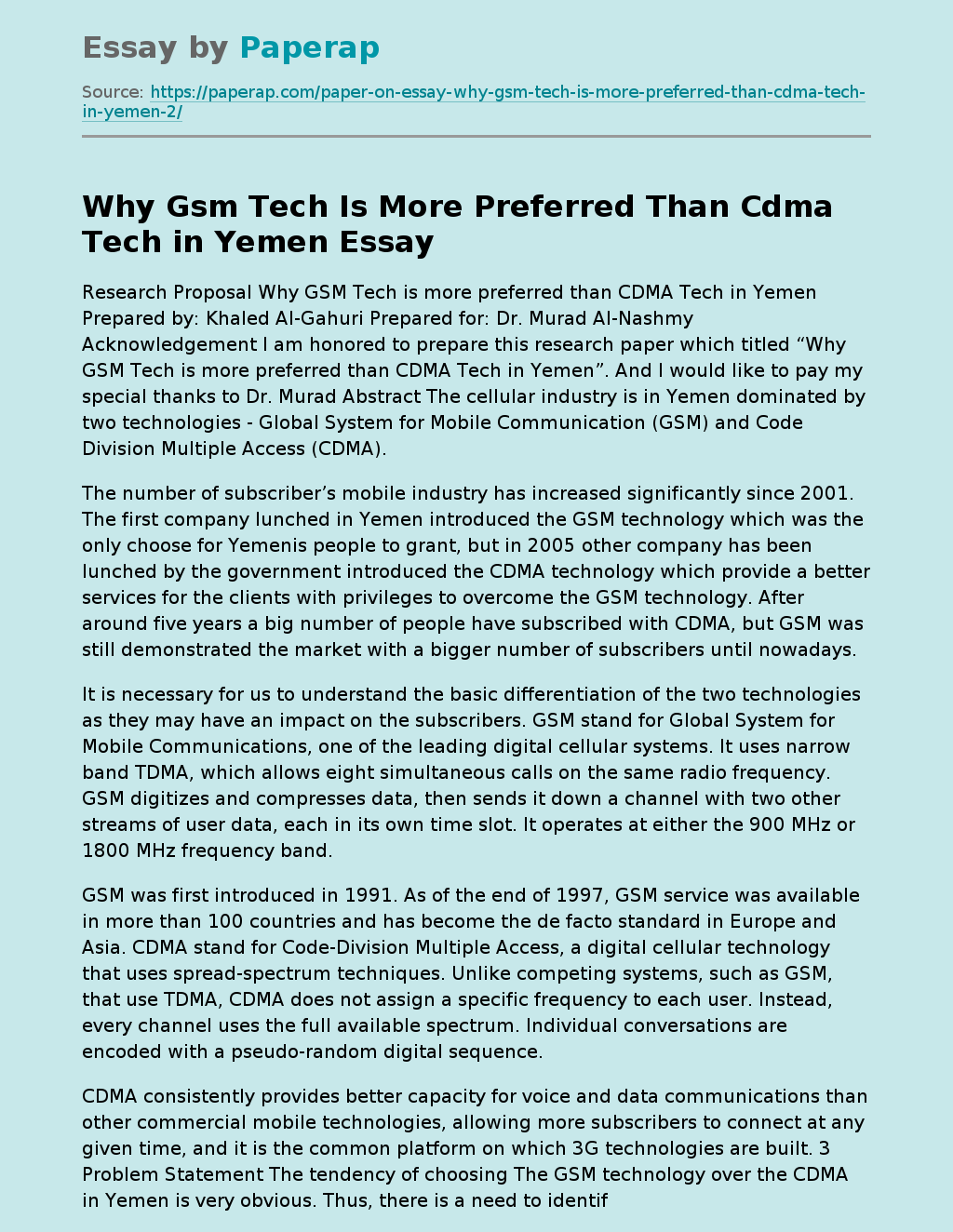 Why Gsm Tech Is More Preferred Than Cdma Tech in Yemen