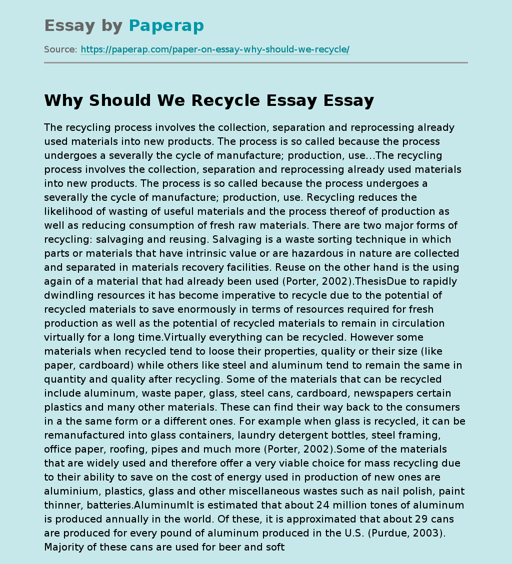 Why Should We Recycle Essay