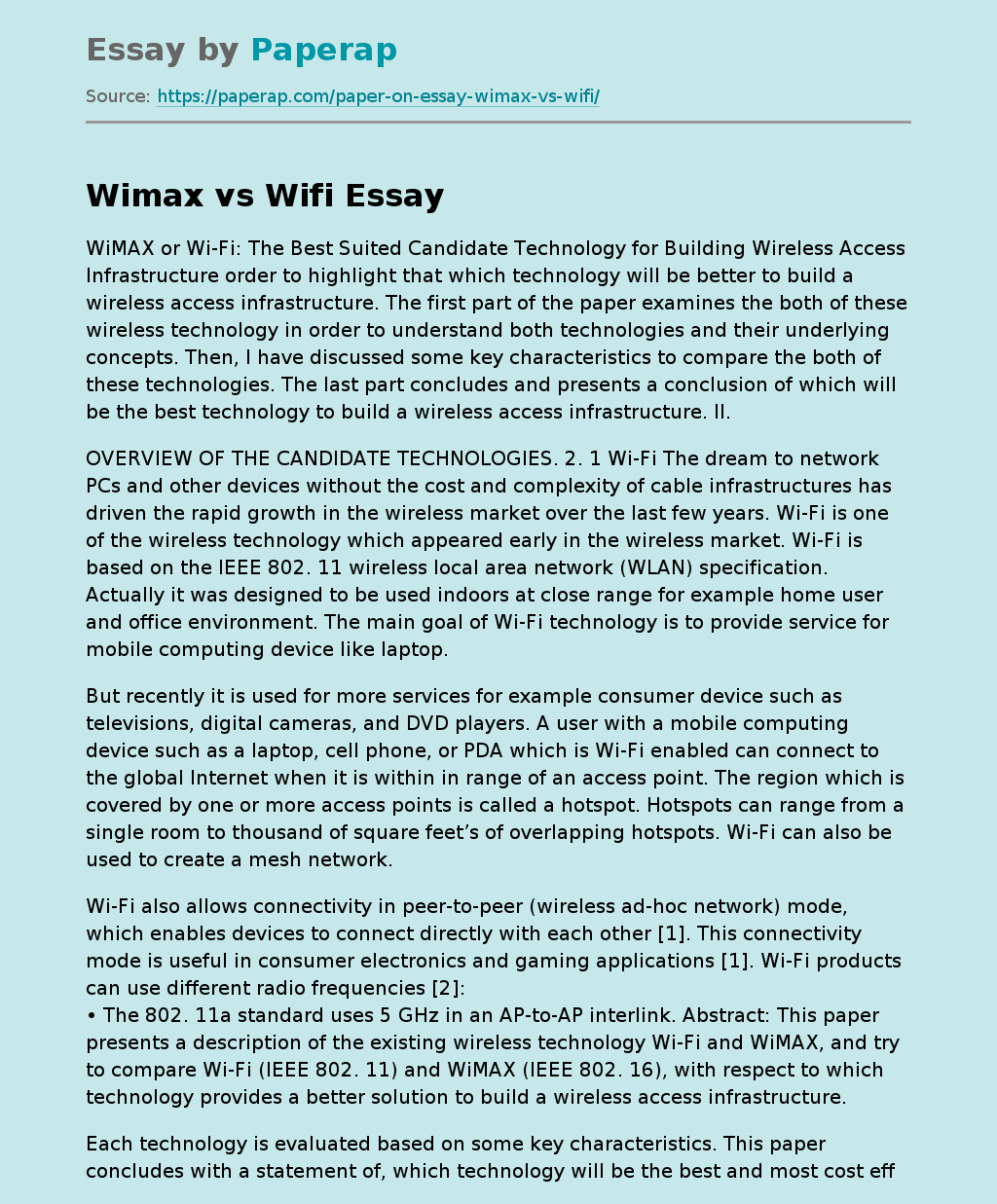 Comparison of Wimax vs WiFi Technologies