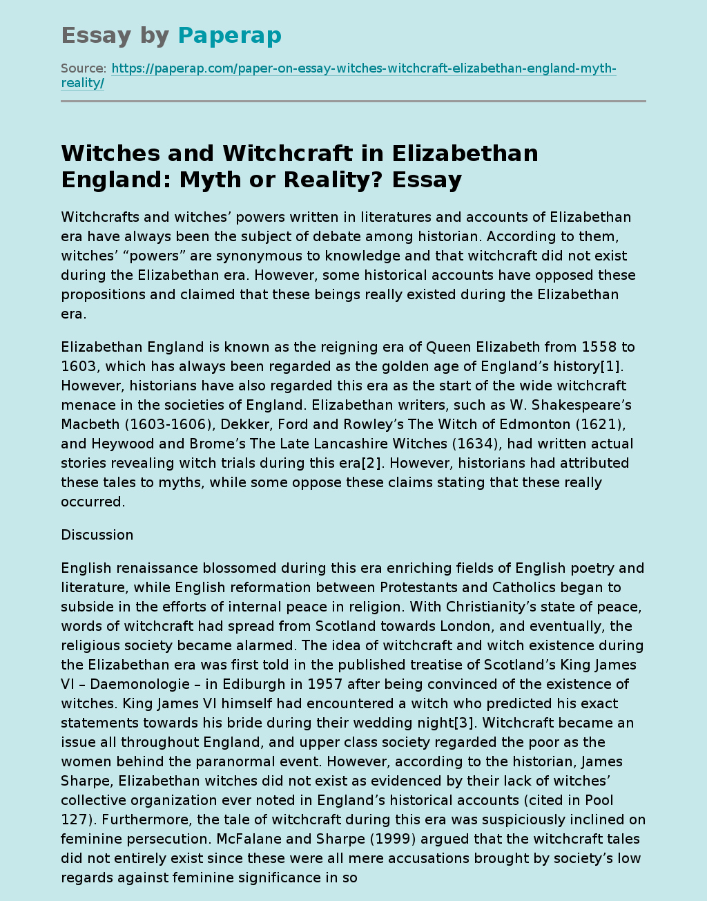 Witches and Witchcraft in Elizabethan England: Myth or Reality?