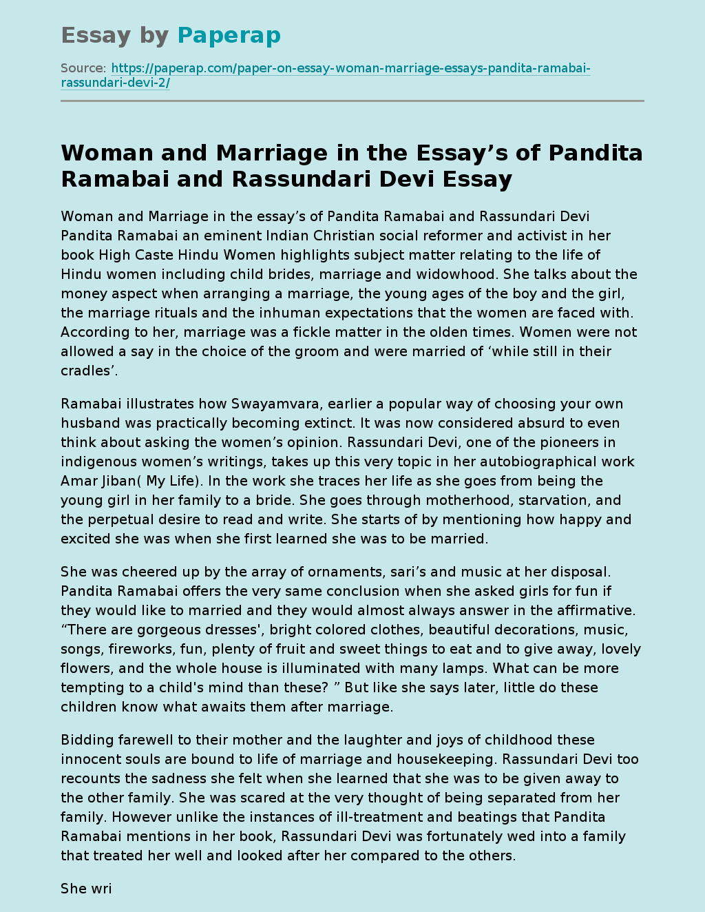 Woman and Marriage in the Essay’s of Pandita Ramabai and Rassundari Devi