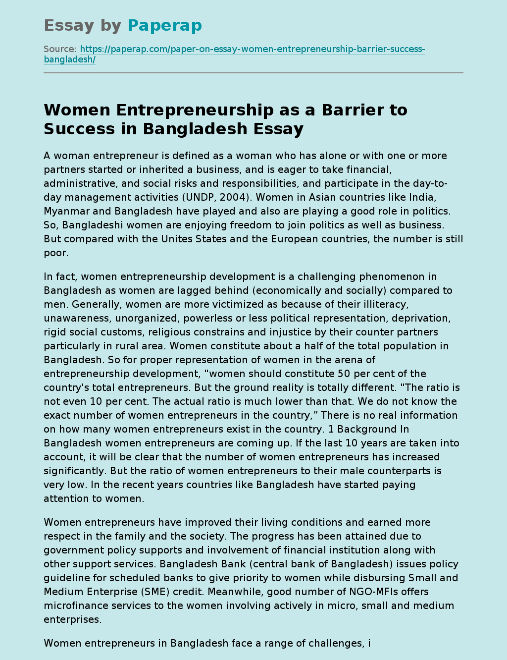 Women Entrepreneurship as a Barrier to Success in Bangladesh