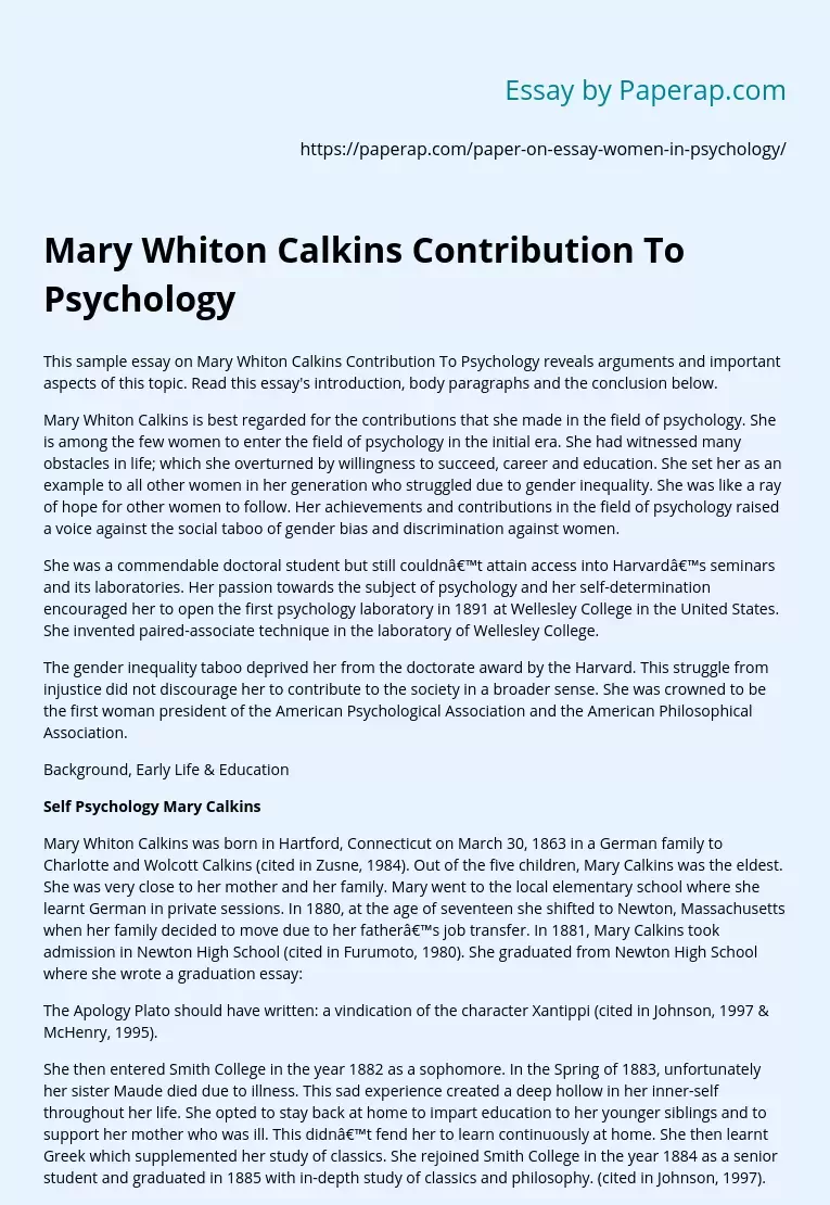 Mary Whiton Calkins Contribution To Psychology