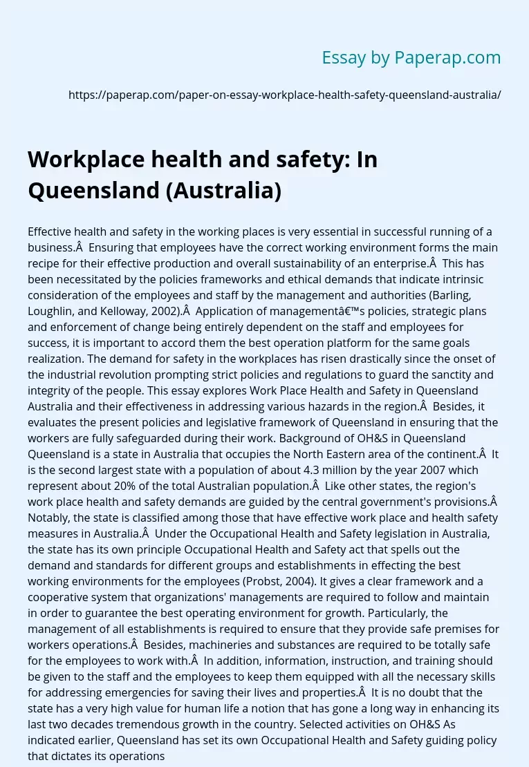 Workplace health and safety:  In Queensland (Australia)