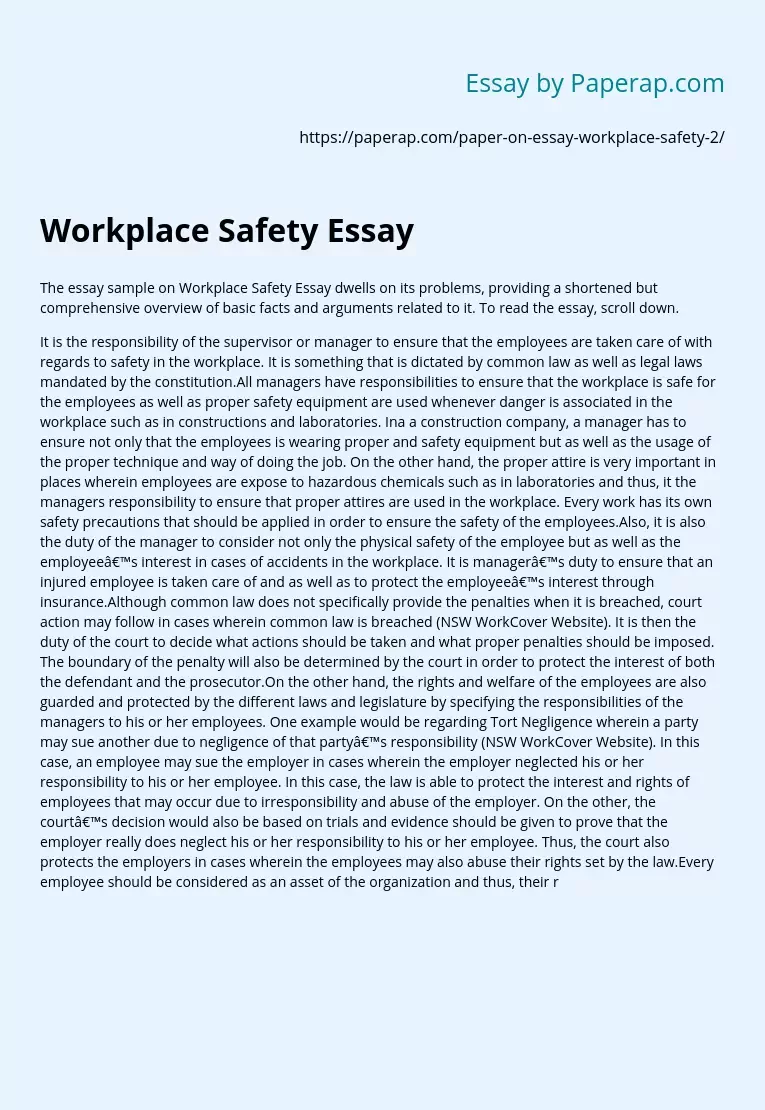 Workplace Safety Essay