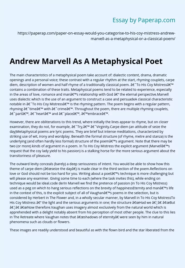 Andrew Marvell As A Metaphysical Poet