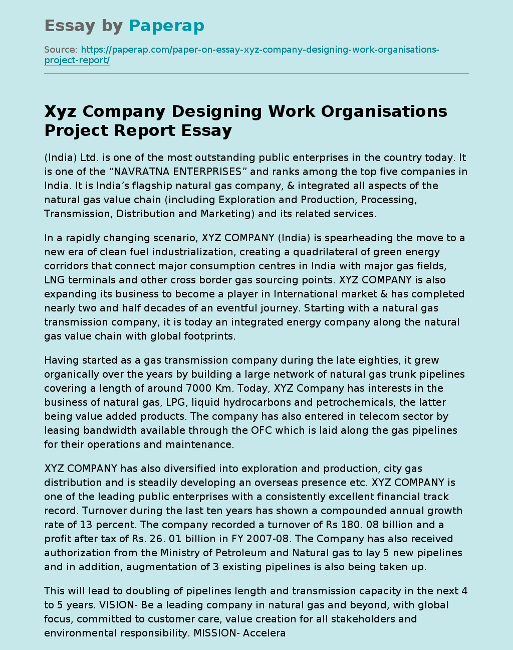 Xyz Company Designing Work Organisations Project Report