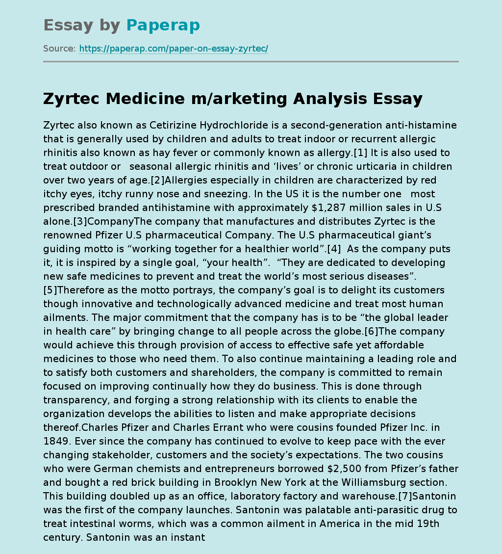 Zyrtec Medicine m/arketing Analysis
