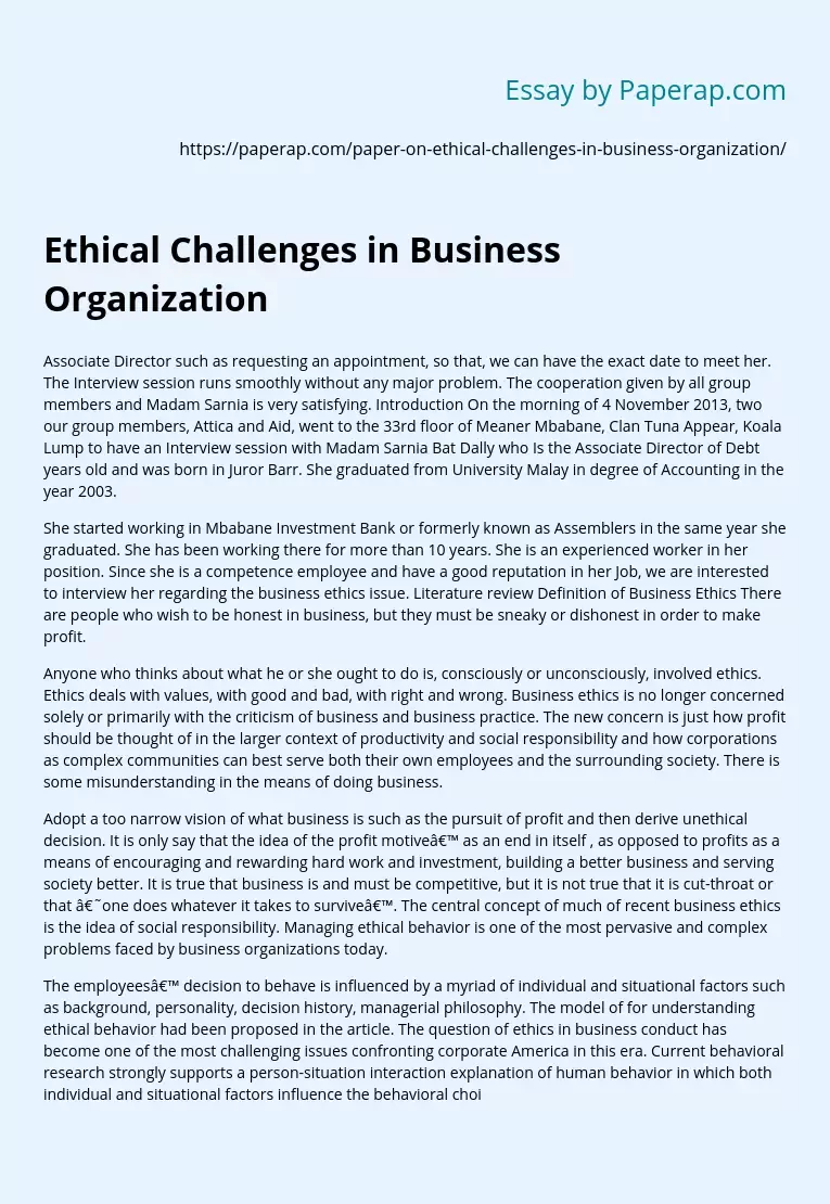 Ethical Challenges in Business Organization
