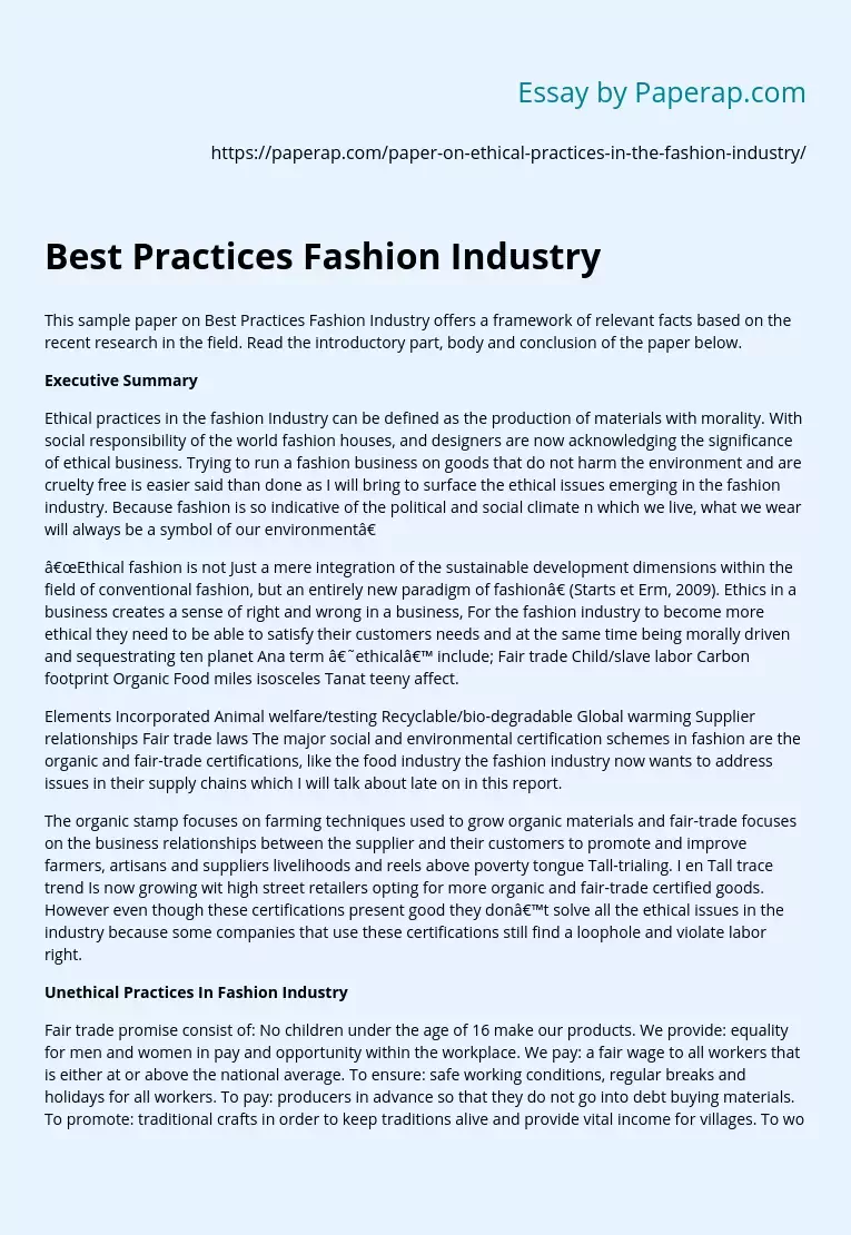 Sample Fashion Industry Best Practice Document