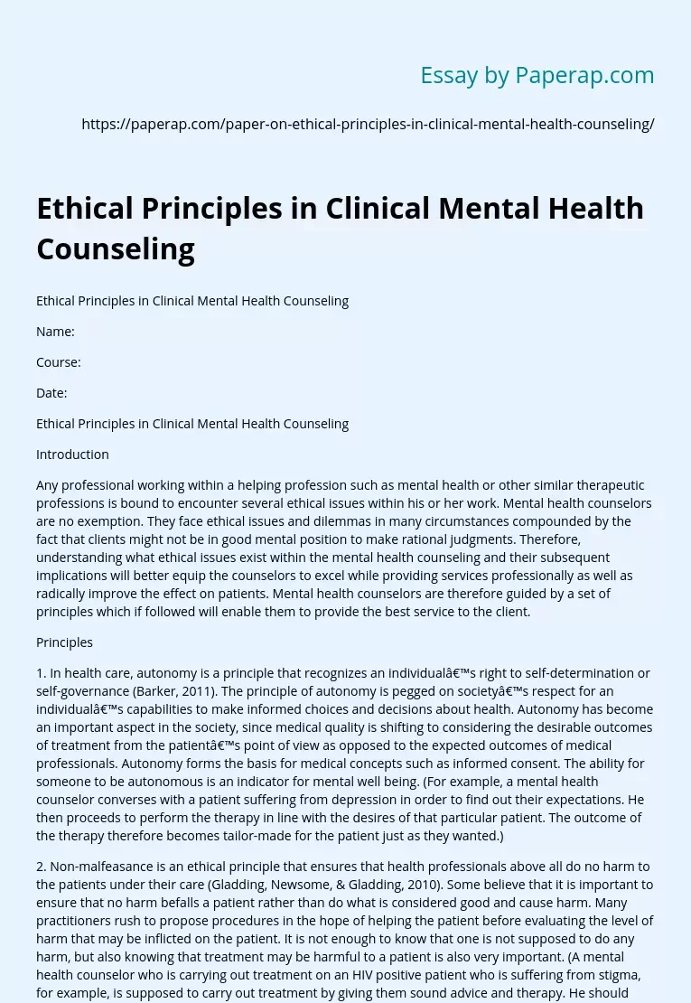 Ethical Principles in Clinical Mental Health Counseling