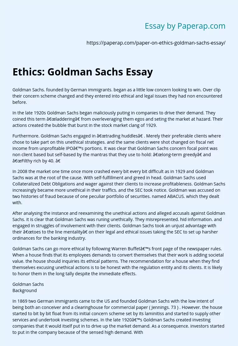 Ethics: Goldman Sachs Essay